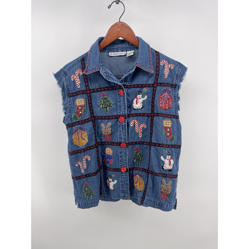Vintage DressBarn Christmas Denim Vest Women Medium Embroidered Holiday
